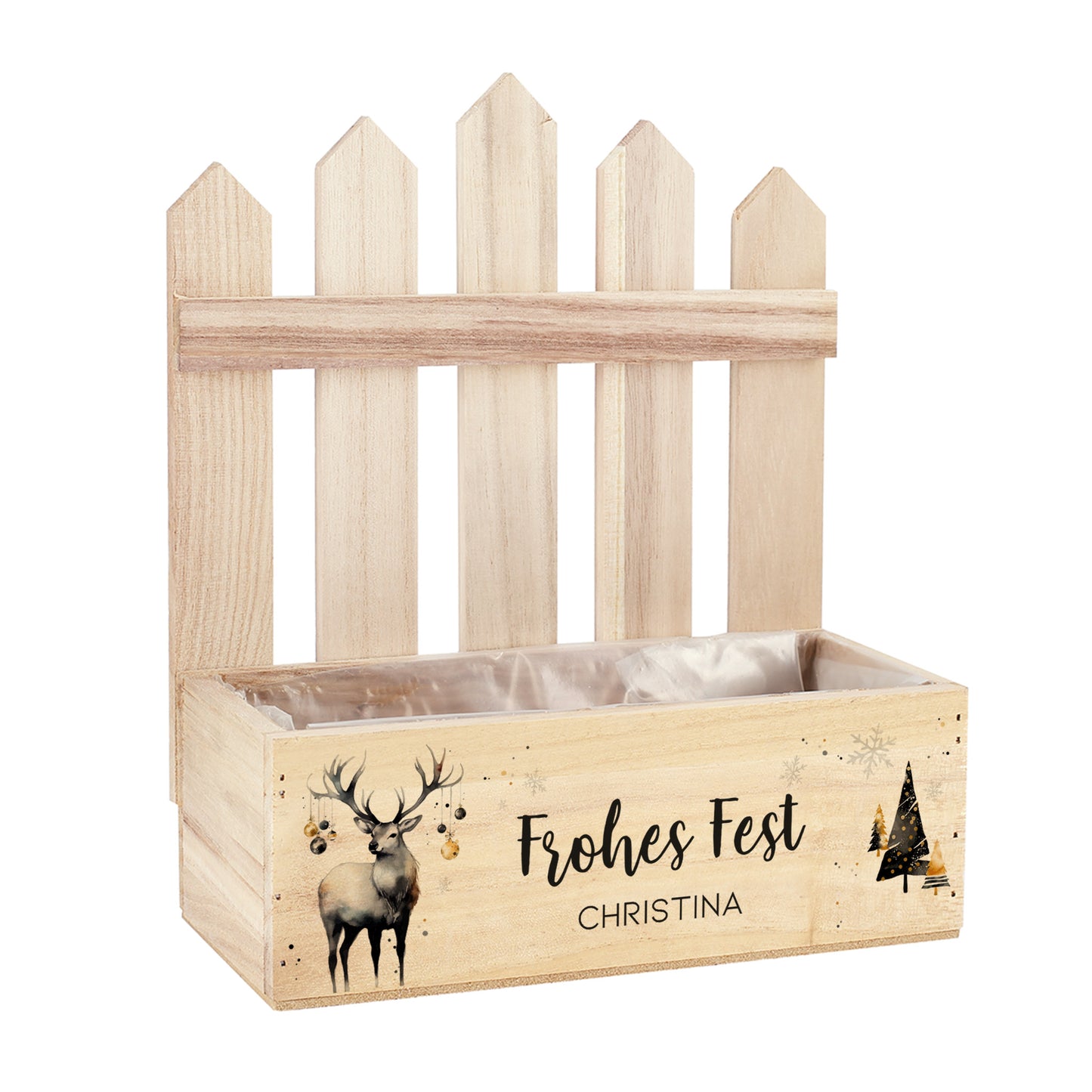 Holz-Pflanzkiste mit Hirschmotiv und dekoriertem Zaun – personalisierbar