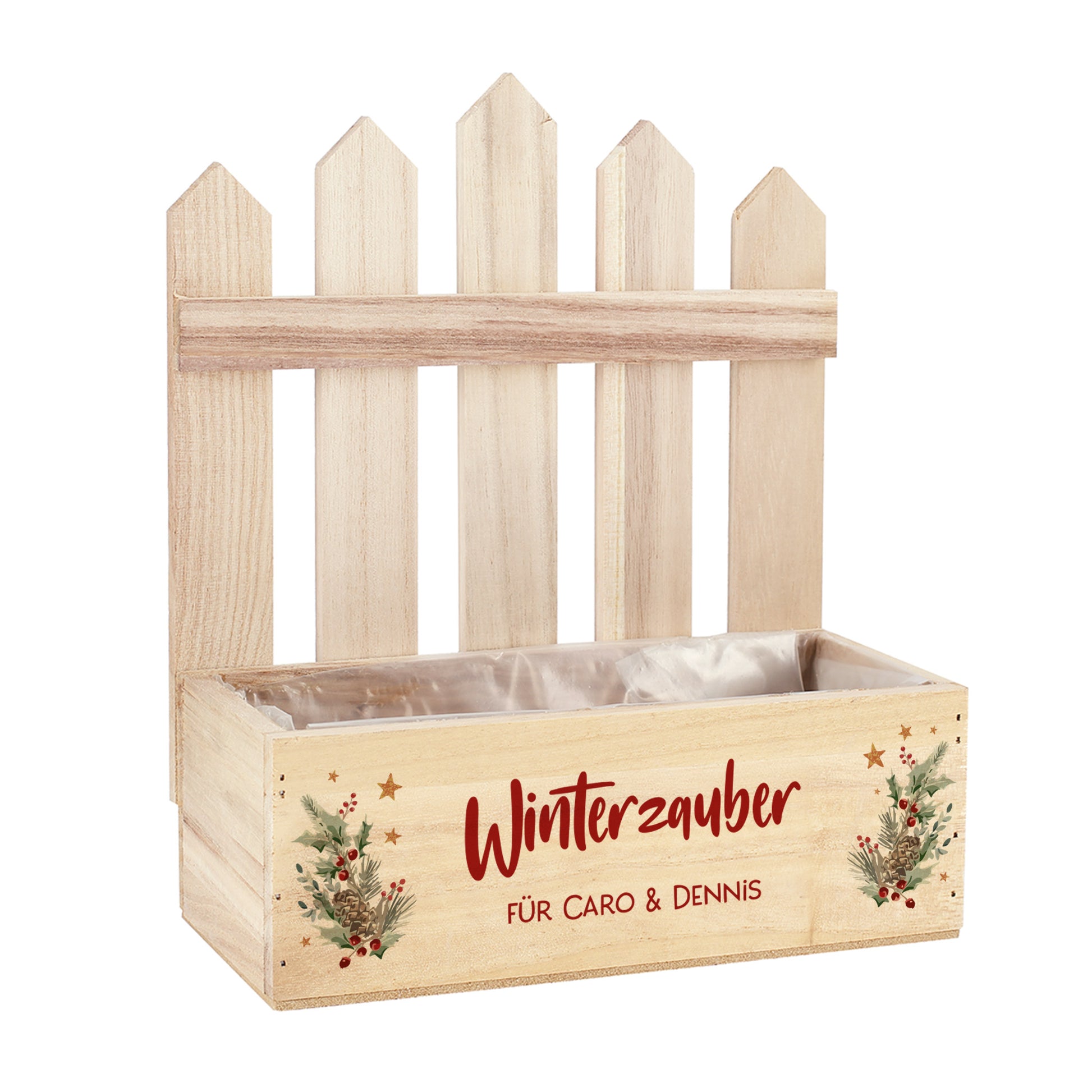 Pflanzkiste aus Holz mit Zaun und rotem Weihnachtsmotiv, personalisiert mit Wunschtext, freigestellt vor weißem Hintergrund