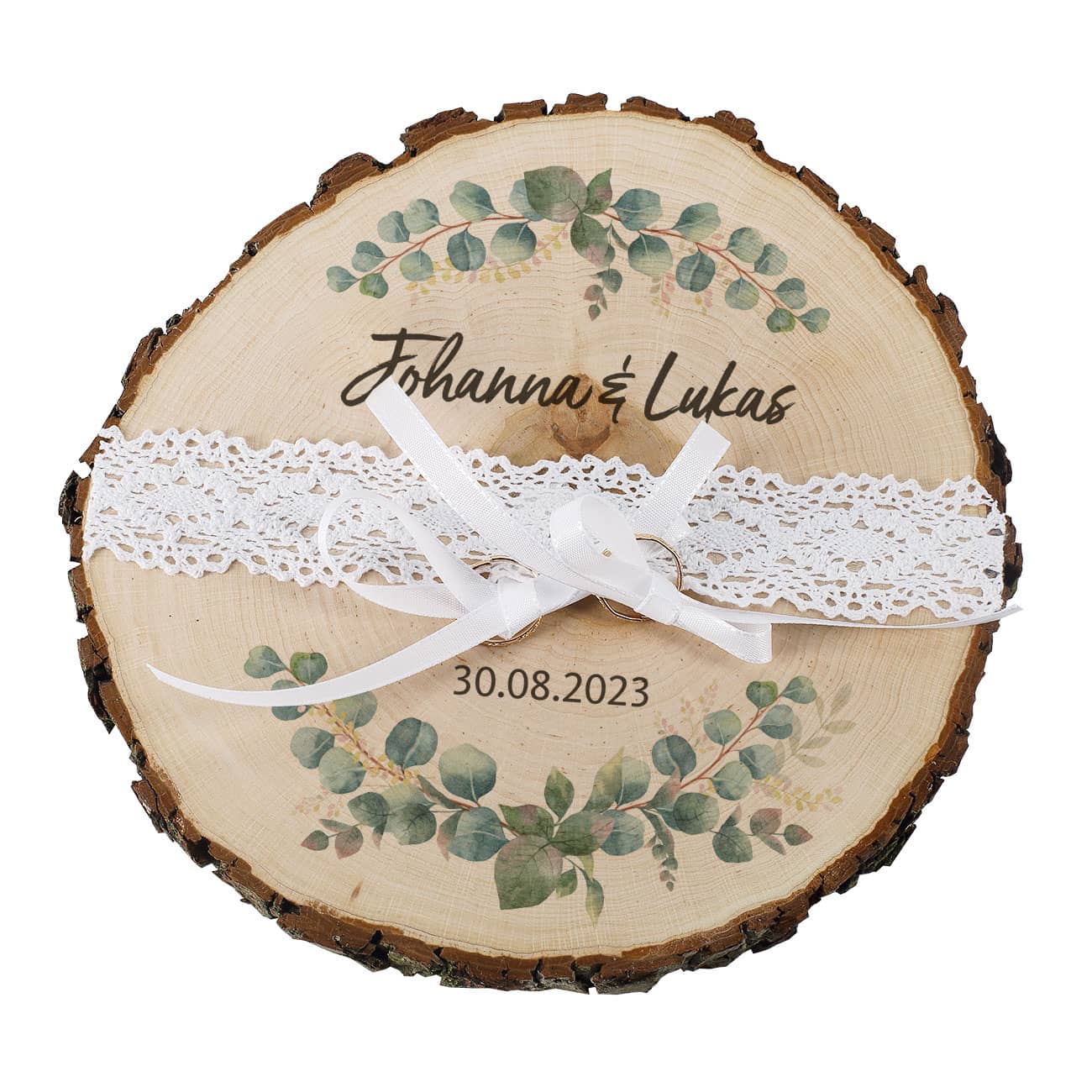 Persönliches Ringkissen aus Holz zur Hochzeit mit Spitzenborte, Eukalyptus und Ihren Wunschangaben gestaltet