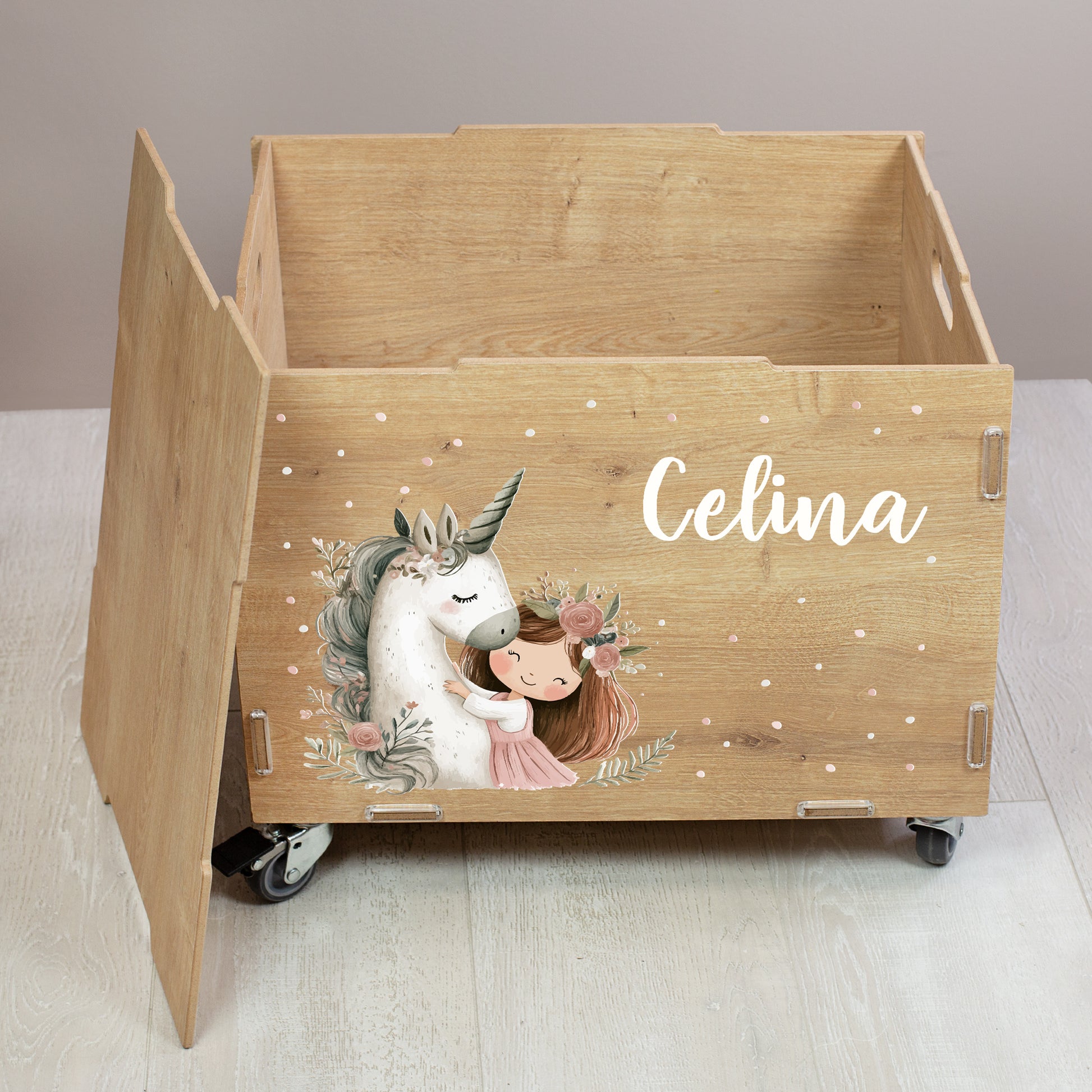 Offene Holz-Rollkiste für Mädchen mit Einhorn-Prinzessin-Motiv und personalisiertem Namen, viel Stauraum für Spielzeug und Kuscheltiere