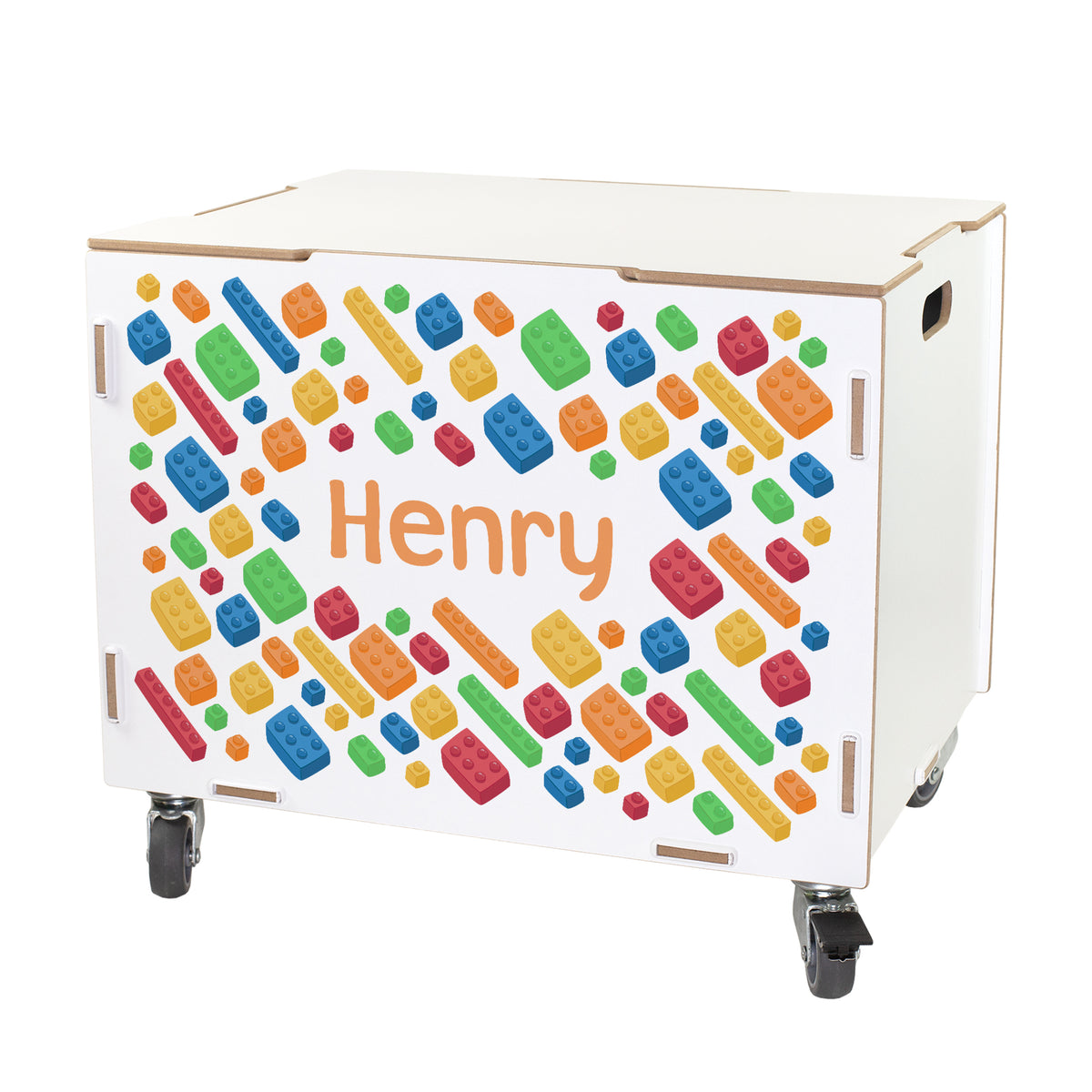 Personalisierte Rollbox aus Holz von clipfritz - Bunte Bausteinwelt | Kinder-Spielzeugkiste mit Name