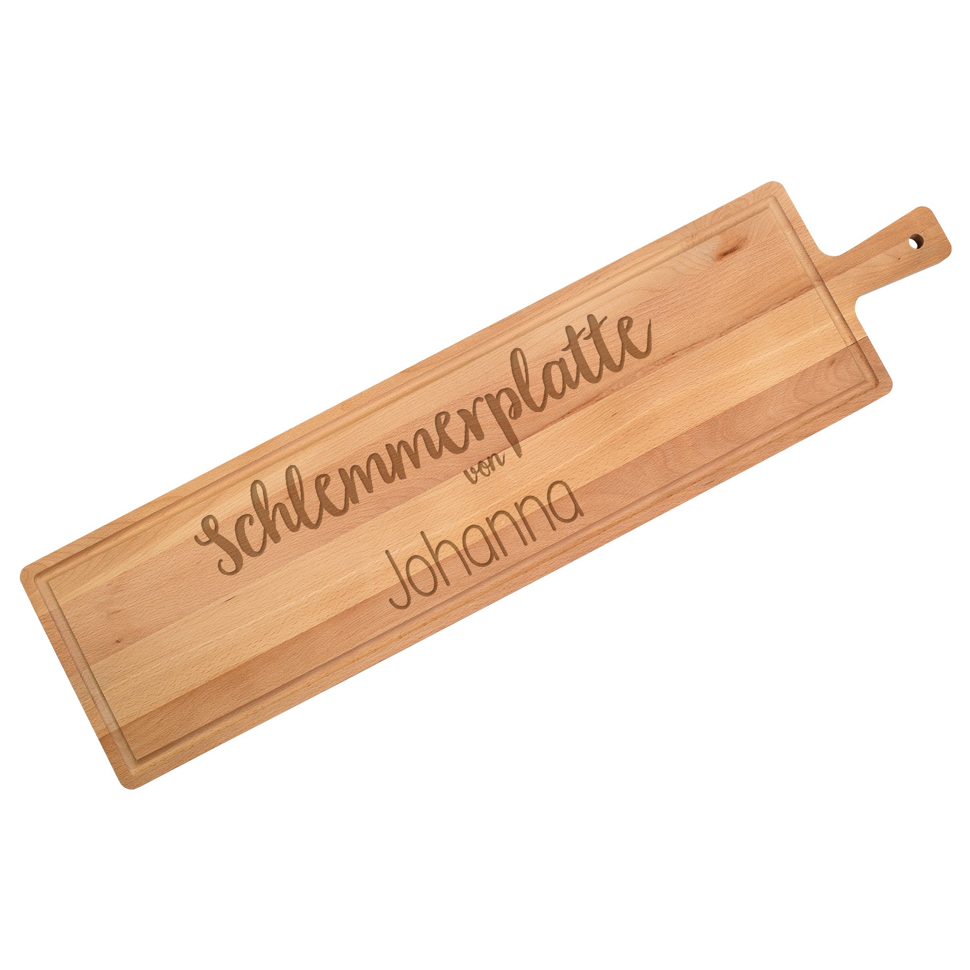 XXXL Schlemmerbrett aus Buchenholz mit Griff und personalisierter Gravur auf Weiß