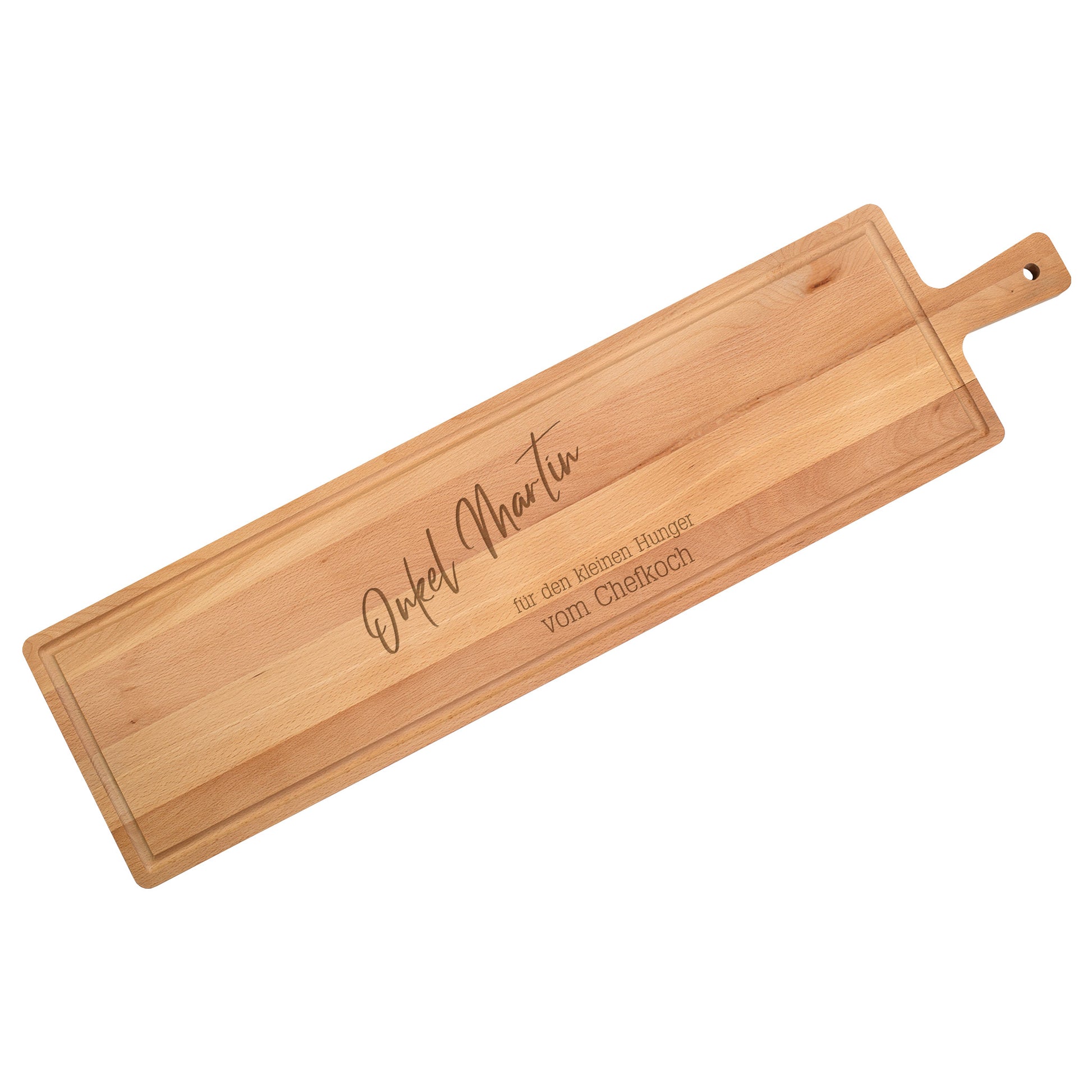 Freigestelltes XXXL Servierbrett aus Buchenholz mit personalisierter Gravur Name und Wunschtext