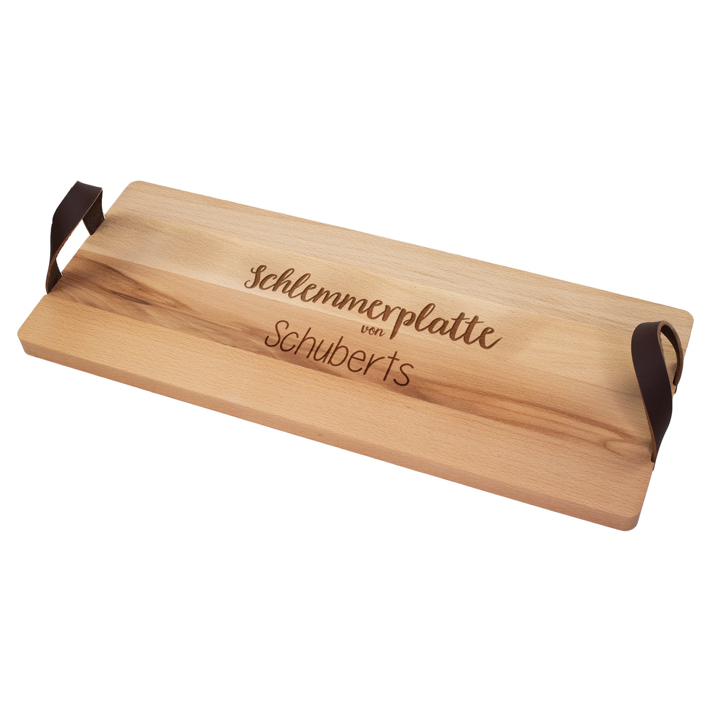 Freigestelltes Servierbrett aus Buchenholz mit Gravur „Schlemmerplatte von Schuberts“ und seitlichen Ledergriffen.