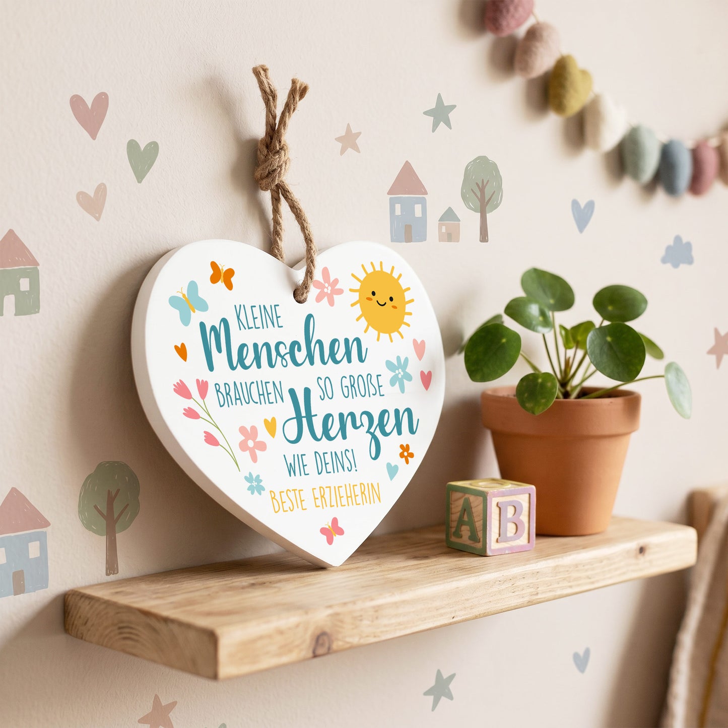 Holzherz mit Juteband als Türschild und Wanddeko für Kita, Kindergarten und Erzieherin