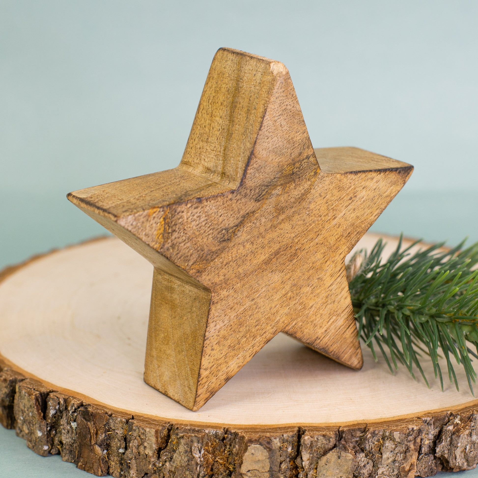 Rückseite eines schlichten Holzsterns mit natürlicher Maserung auf Holzscheibe