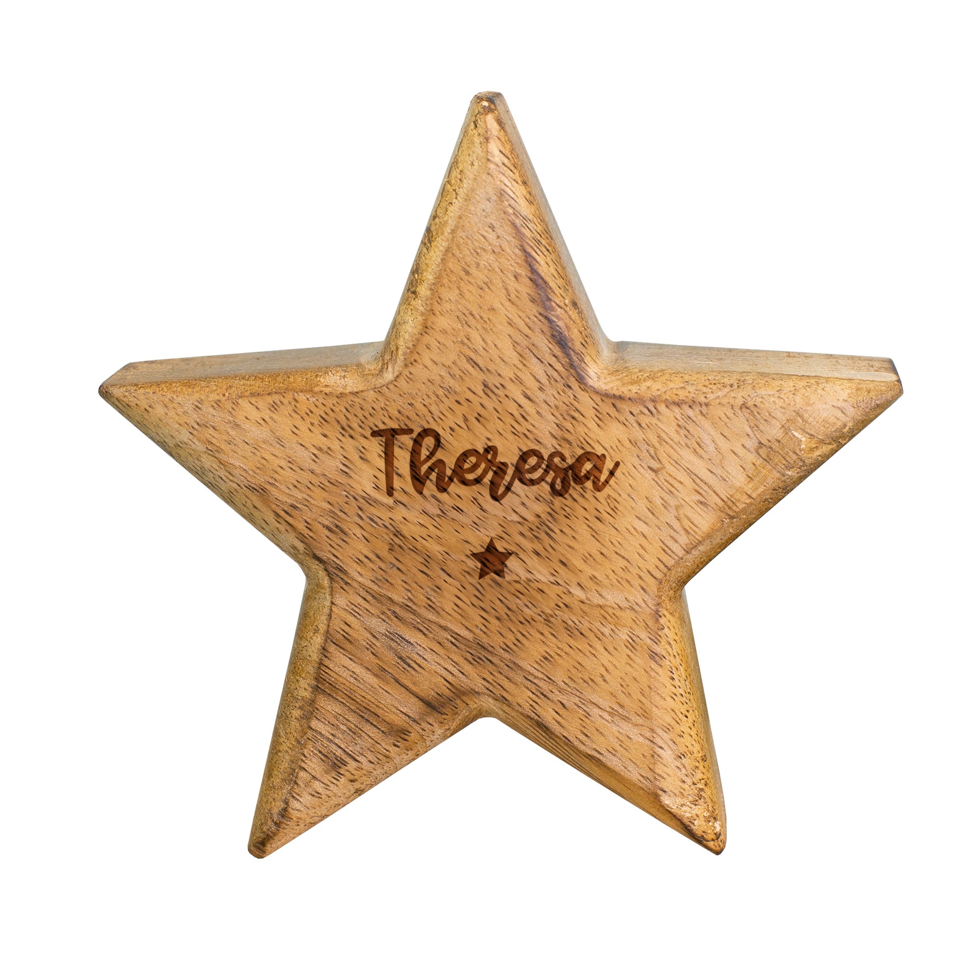 Freigestellter Holzstern mit personalisierter Gravur „Theresa“