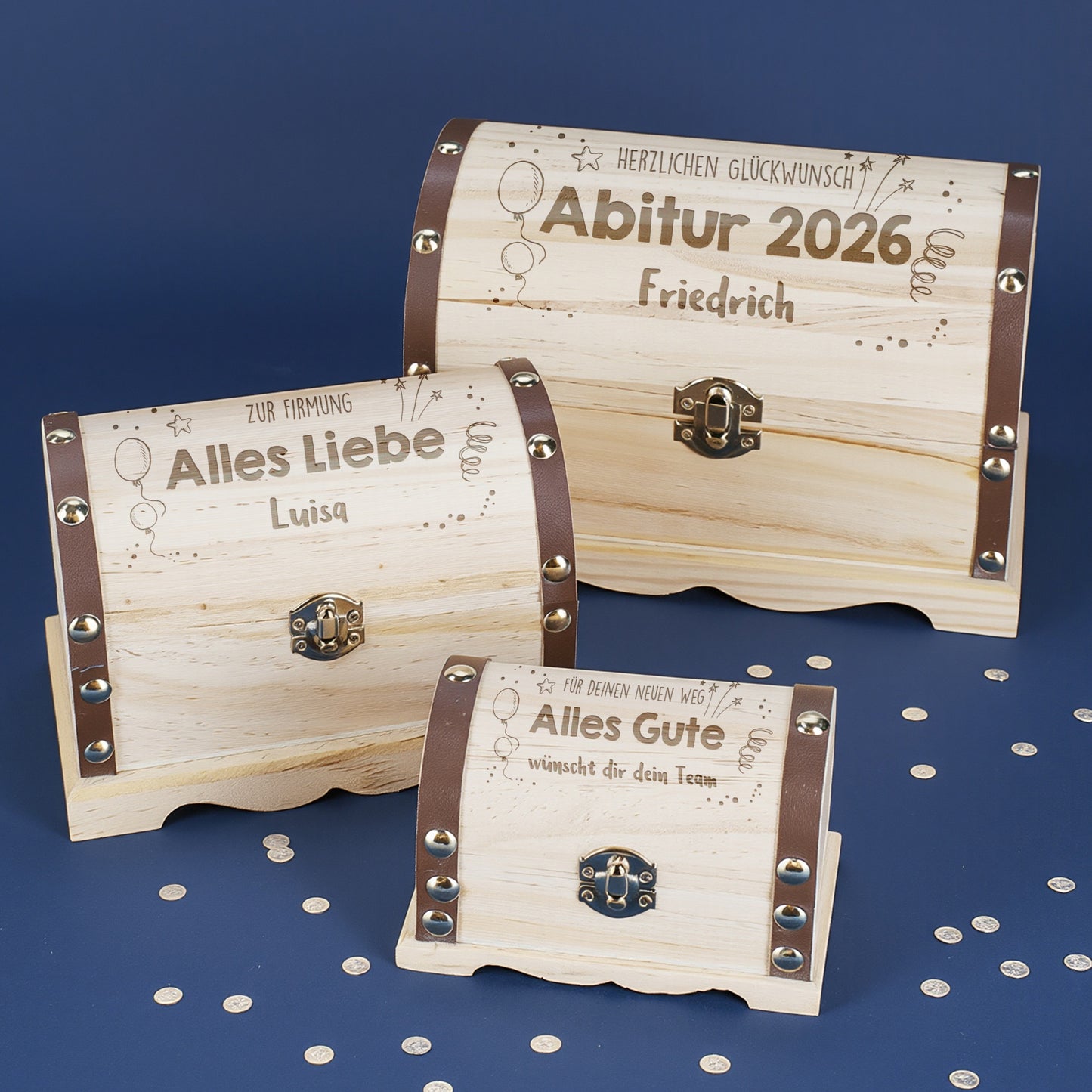 Schatzkiste mit Größenauswahl und Wunschtext zu verschiedenen Anlässen