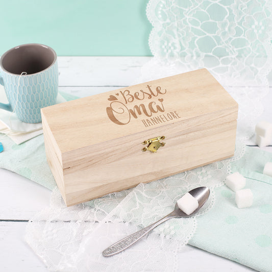 Holz-Teebox mit Gravur „Beste Oma Hannelore“