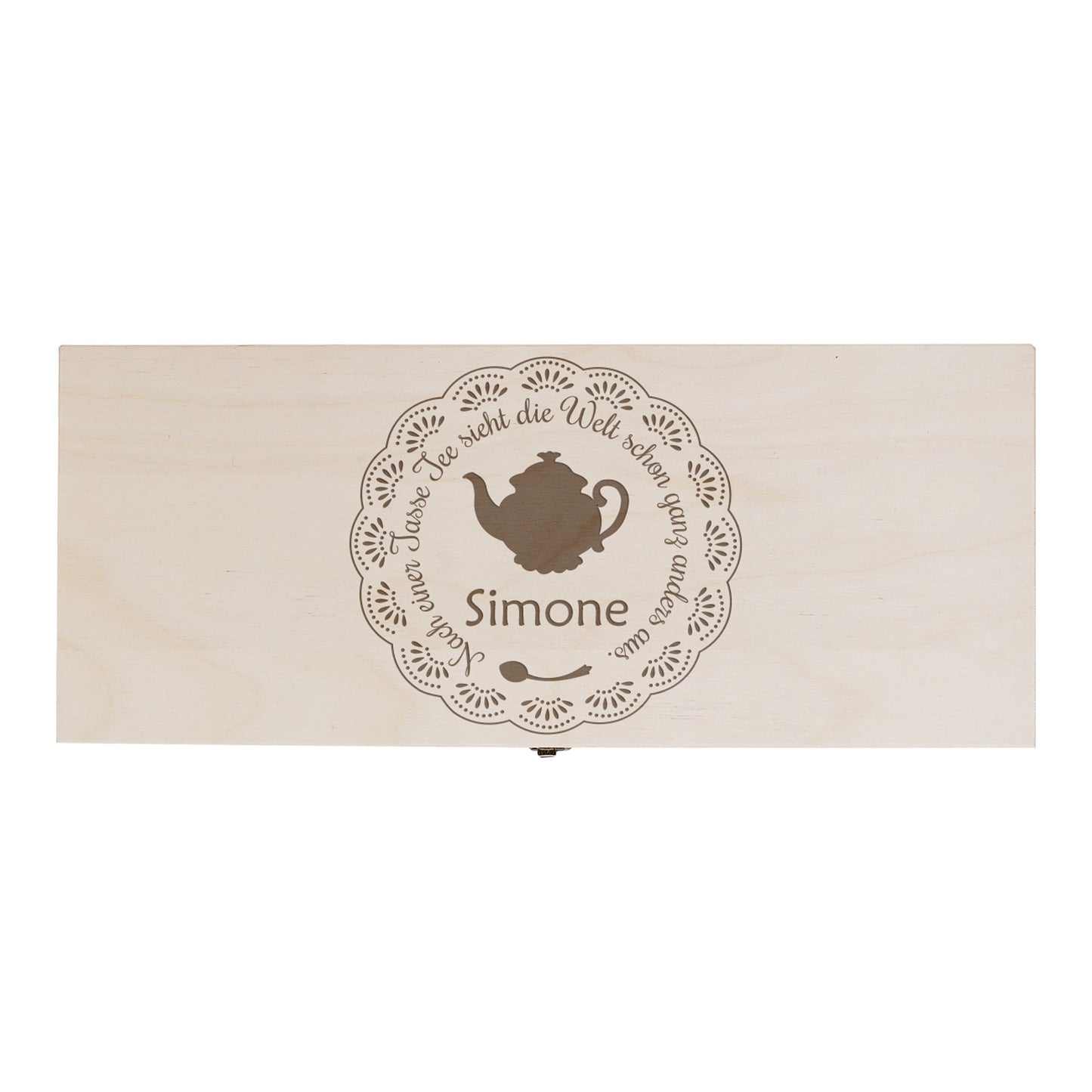 Freigestellte Teebox aus Holz mit Gravur einer Teekanne, Spruch und personalisiertem Namen Simone.