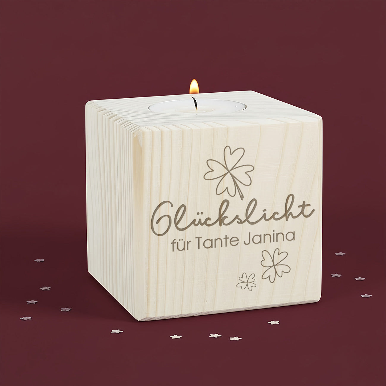 Teelichthalter aus Holz - Glückslicht mit Wunschtext