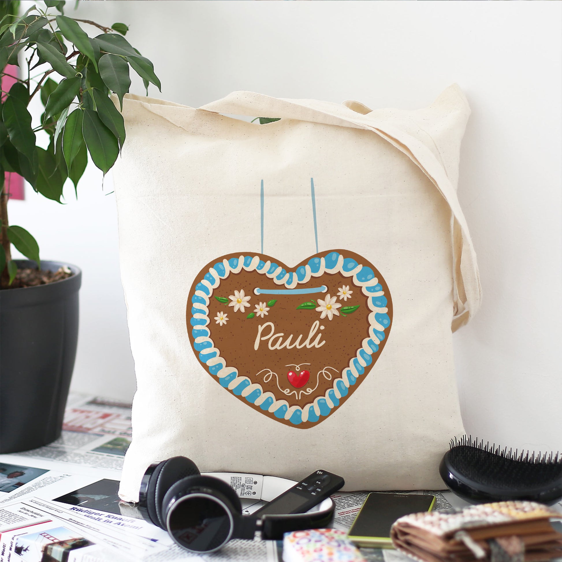 Personalisierter Stoffbeutel mit Lebkuchenherz Motiv und Name Pauli