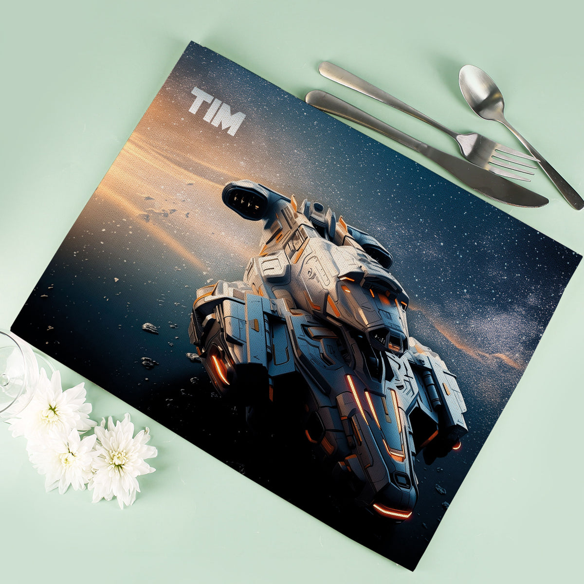 Platzdeckchen aus Stoff mit Raumschiff-Motiv und Name personalisiert –