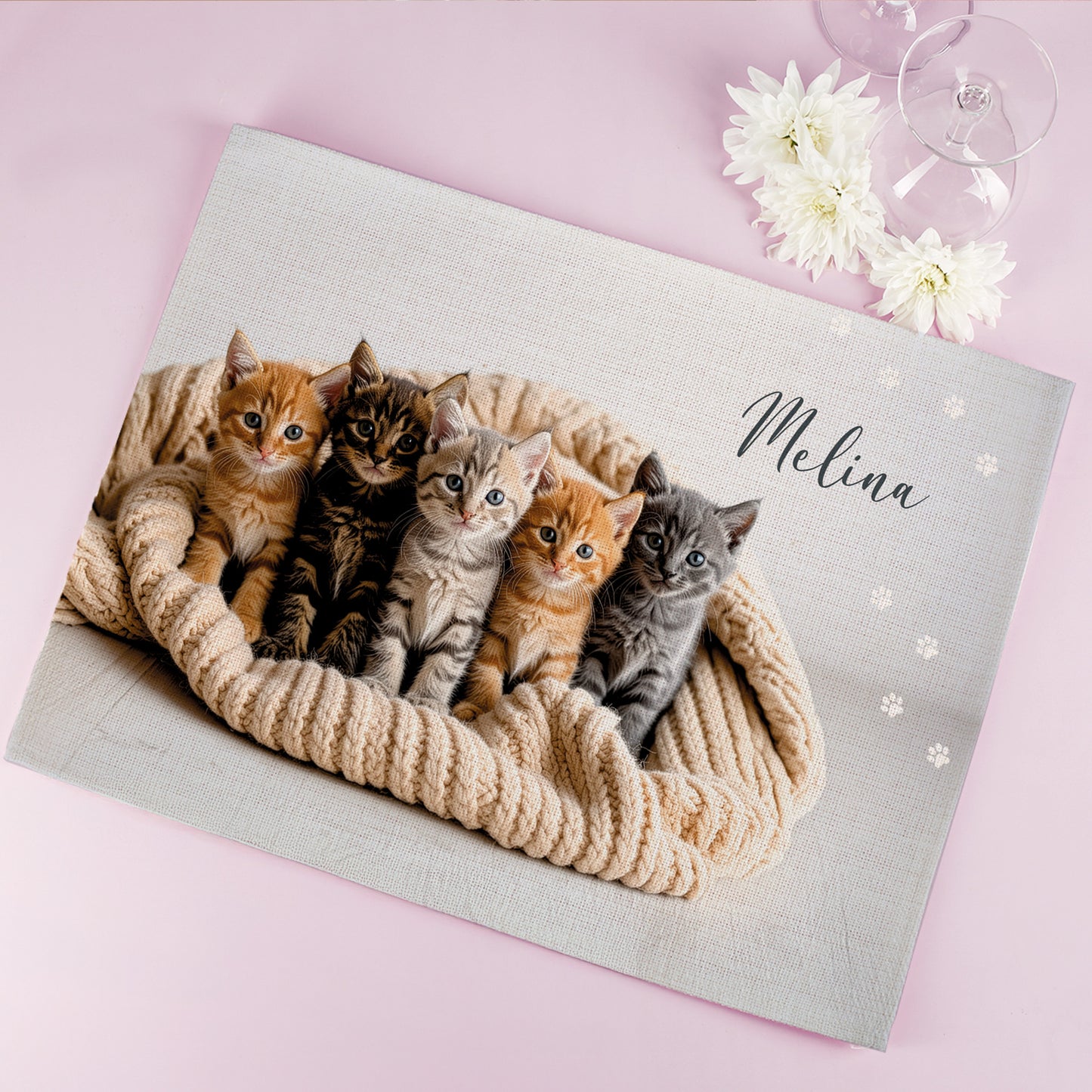 Personalisiertes Stoff Platzdeckchen mit Katzenmotiv und Name für Kinder