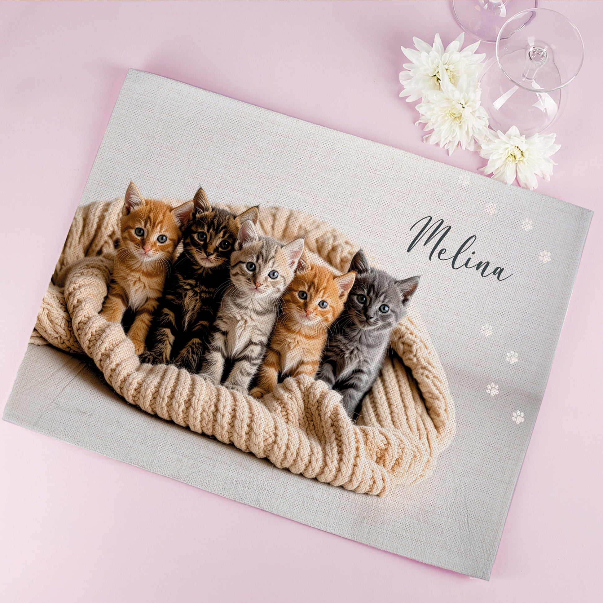 Personalisiertes Stoff Platzdeckchen mit Katzenmotiv und Name für Kinder