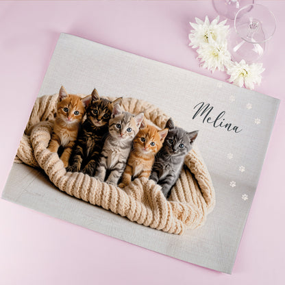 Personalisiertes Stoff Platzdeckchen mit Katzenmotiv und Name für Kinder