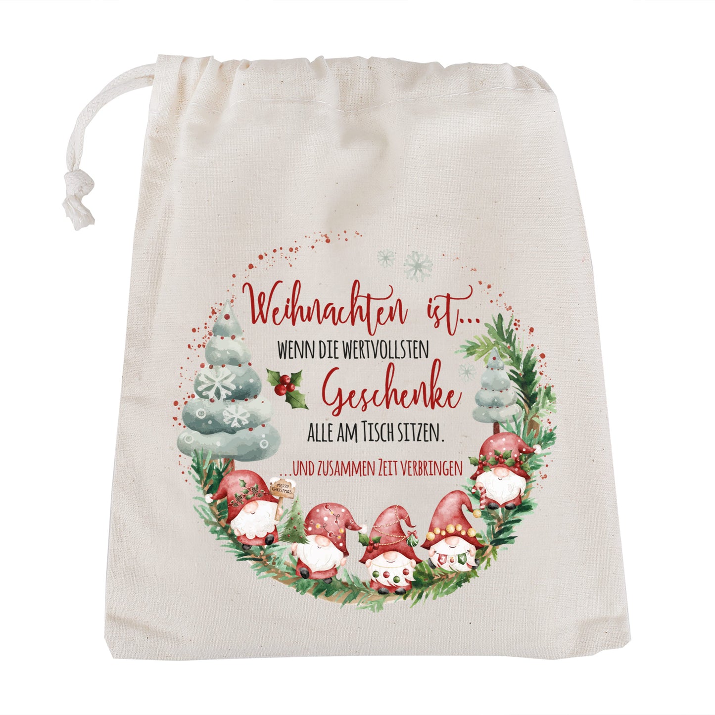 Kleiner Baumwollsack mit Wichtelmotiv, festlich dekoriert