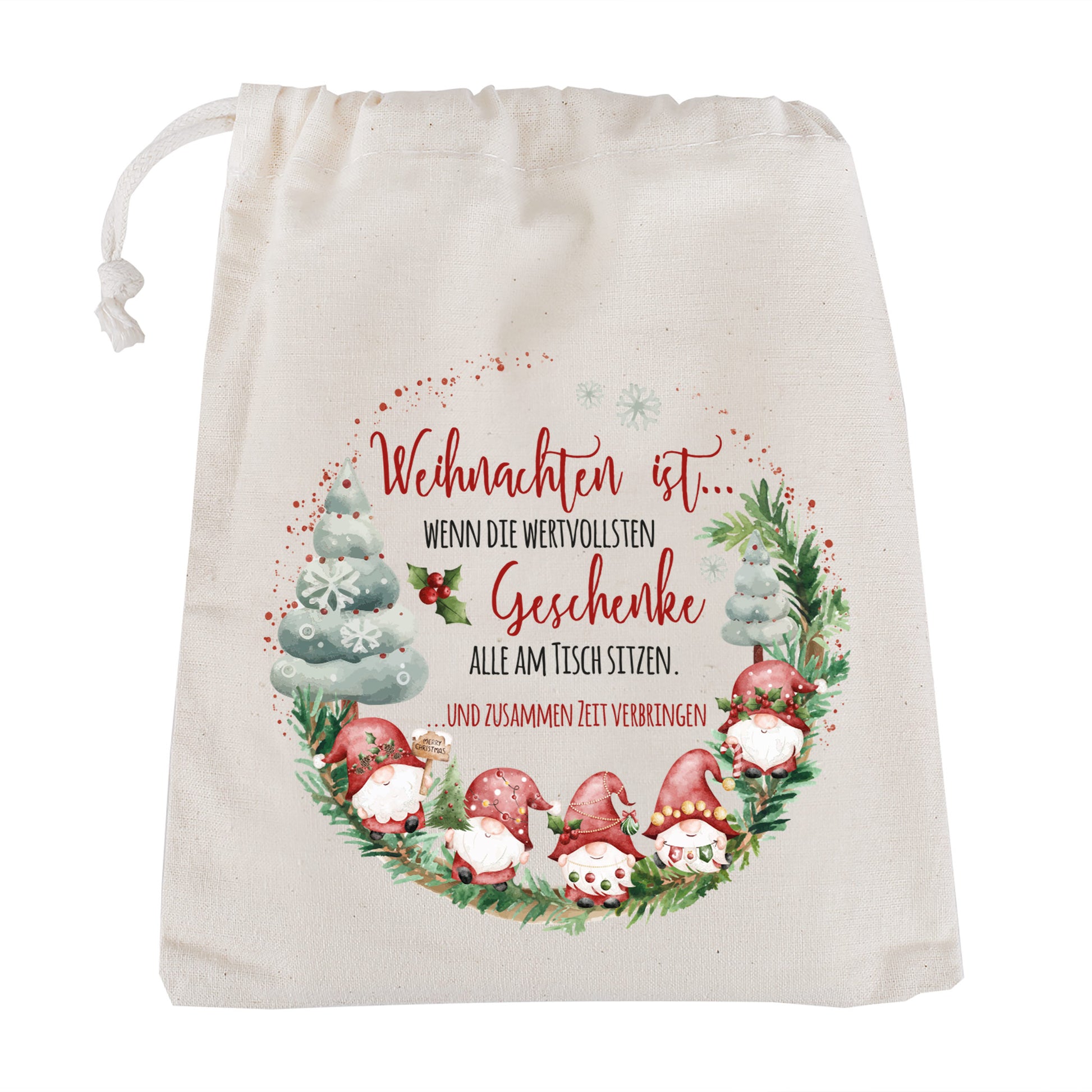 Kleiner Baumwollsack mit Wichtelmotiv, festlich dekoriert