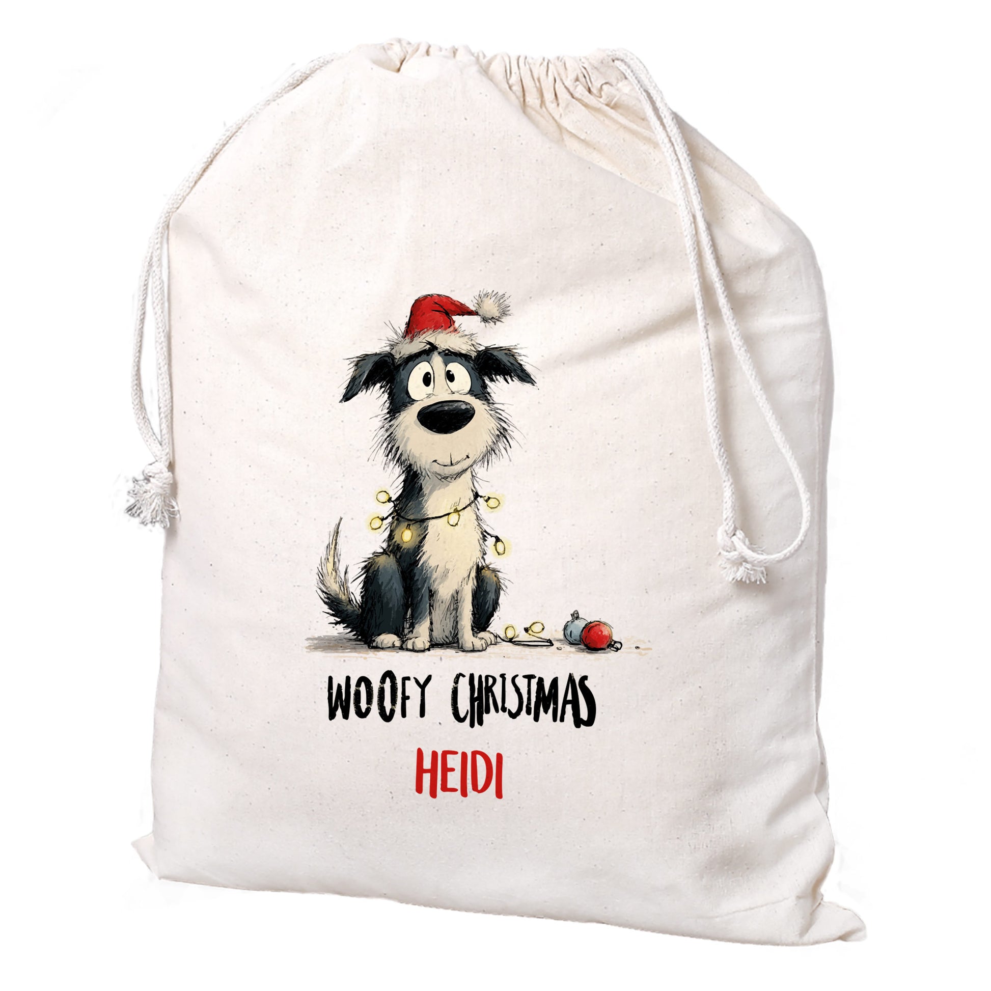 Personalisierter Baumwollbeutel mit Aufdruck „Woofy Christmas – Heidi“, freigestellt vor weißem Hintergrund