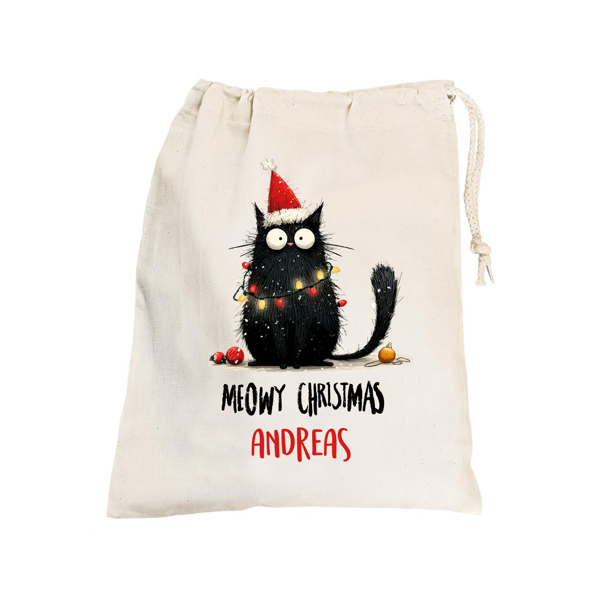 Geschenksack aus Baumwolle mit Katze und Santa-Mütze, Aufdruck „Meowy Christmas – Andreas“, freigestellt