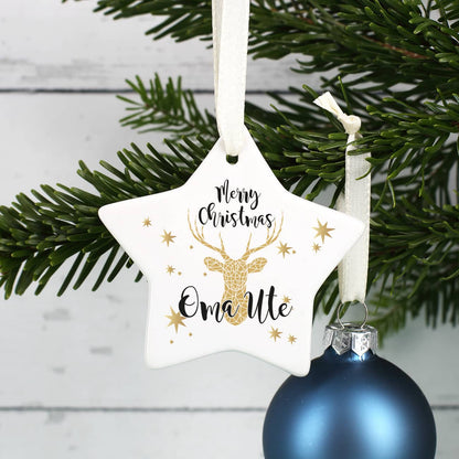 Bedruckter Stern aus keramik mit modernen Weihnachtsmotiv und Ihrem Wunschnamen –