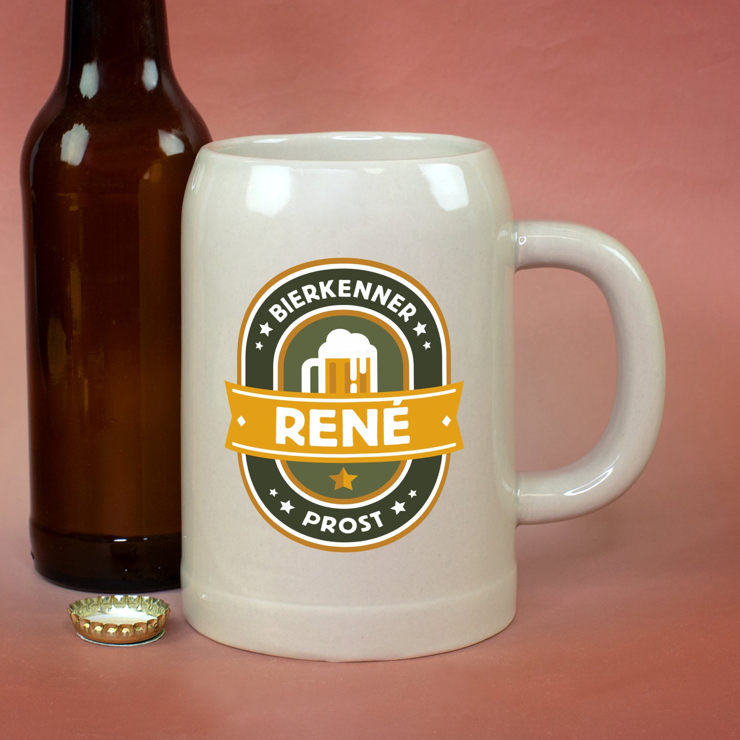 Steingut Bierkrug mit Namen René als Geschenk für Bierliebhaber