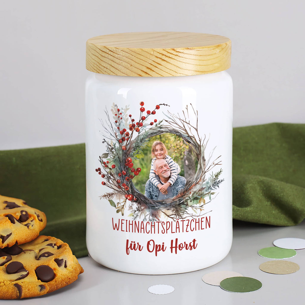 Personalisierte Keramik-Keksdose mit Foto und Wunschtext – Weihnachtsgeschenk –