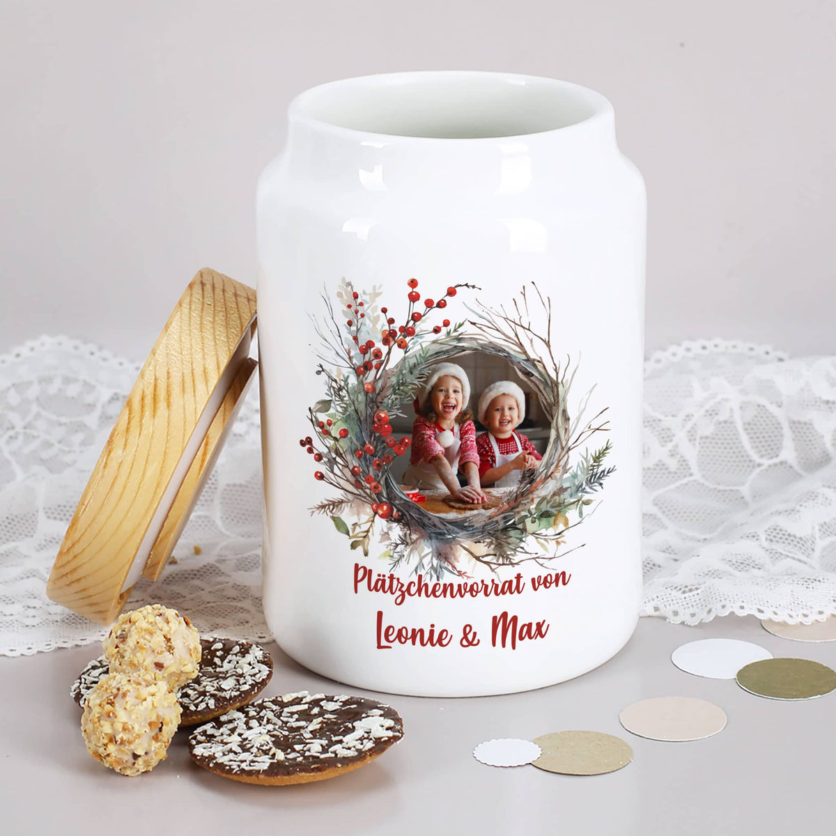 Personalisierte Keramik-Keksdose mit Foto und Wunschtext – Weihnachtsgeschenk –