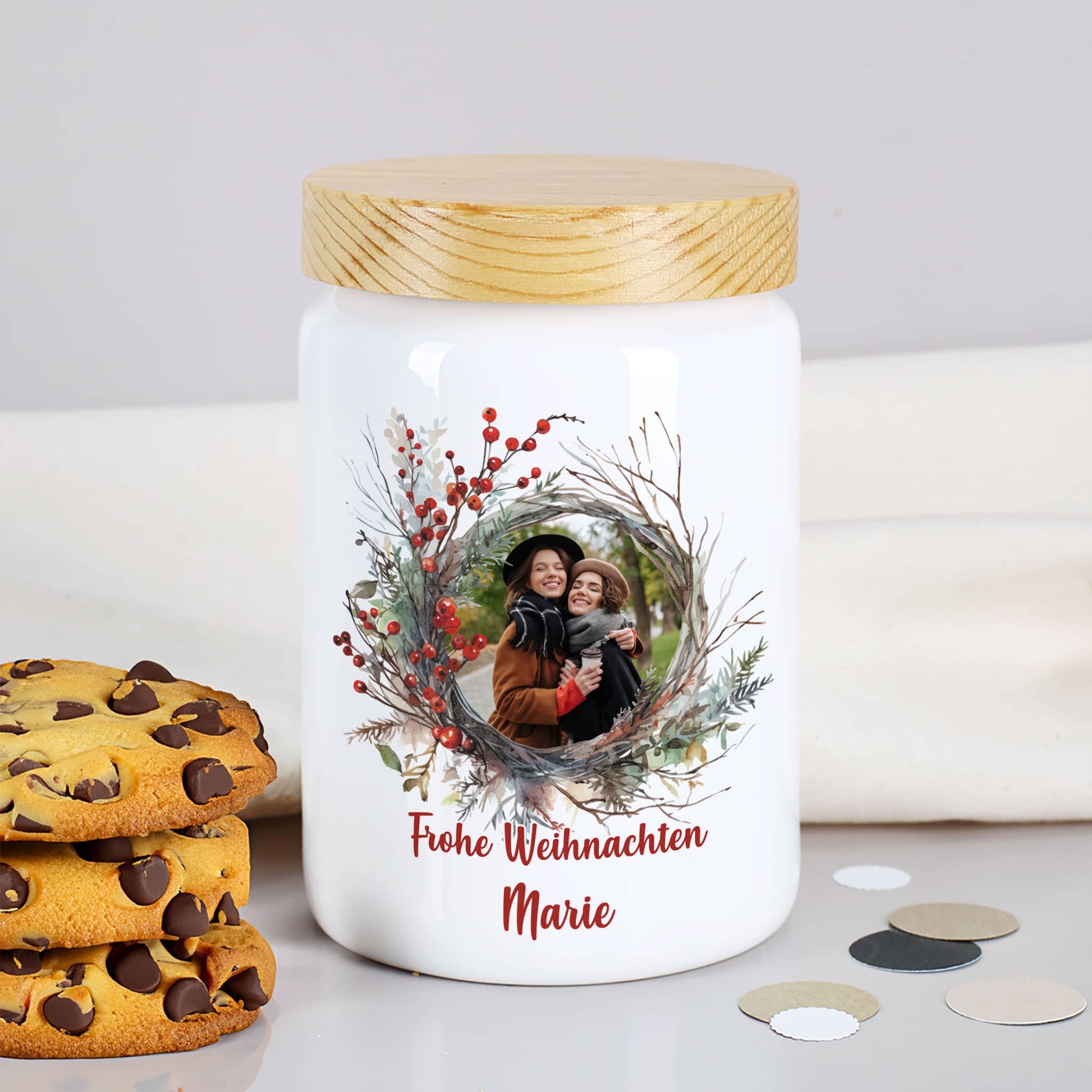 Personalisierte Keramik-Keksdose mit Foto und Wunschtext – Weihnachtsgeschenk –