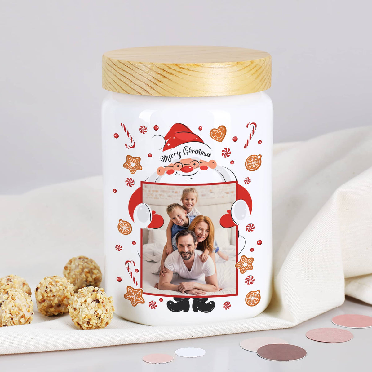 Personalisierte Foto-Keksdose zu Weihnachten mit Holzdeckel – Merry Christmas –