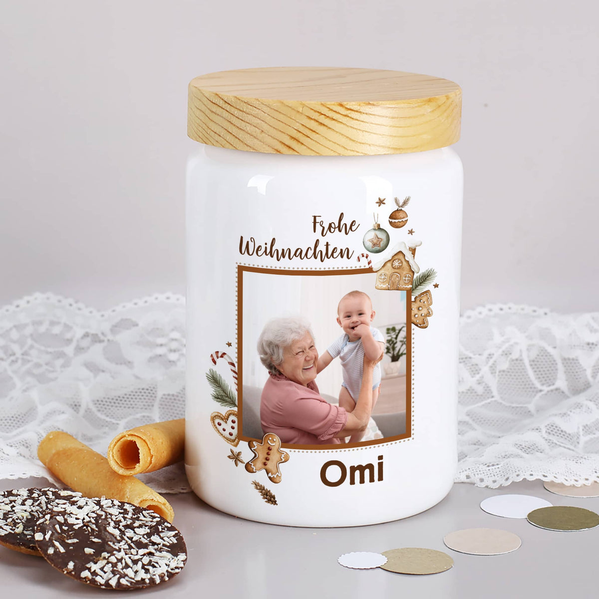 Personalisierte Keksdose aus Keramik mit Holzdeckel – Lebkuchenmotiv und Wunschfoto –