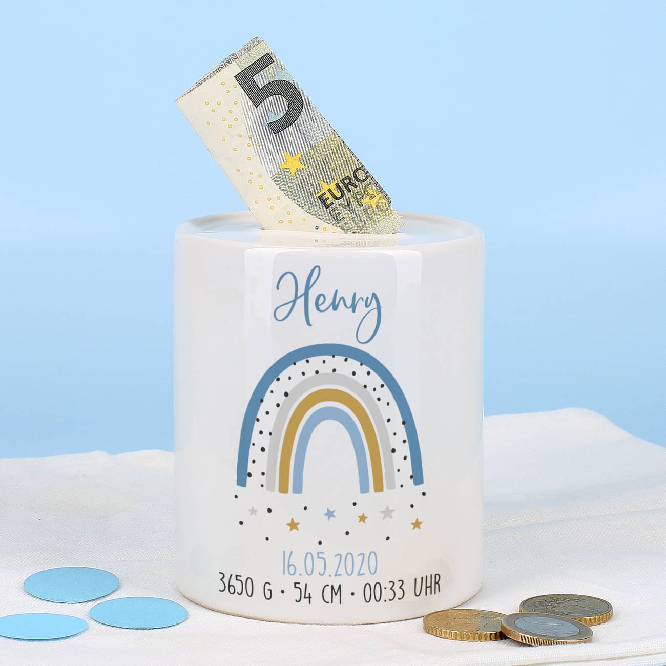 Spardose mit Regenbogen zur Geburt von Jungen