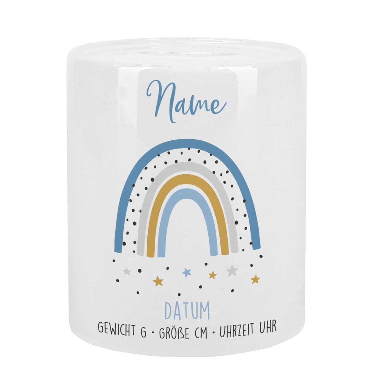 Spardose mit Regenbogen zur Geburt von Jungen