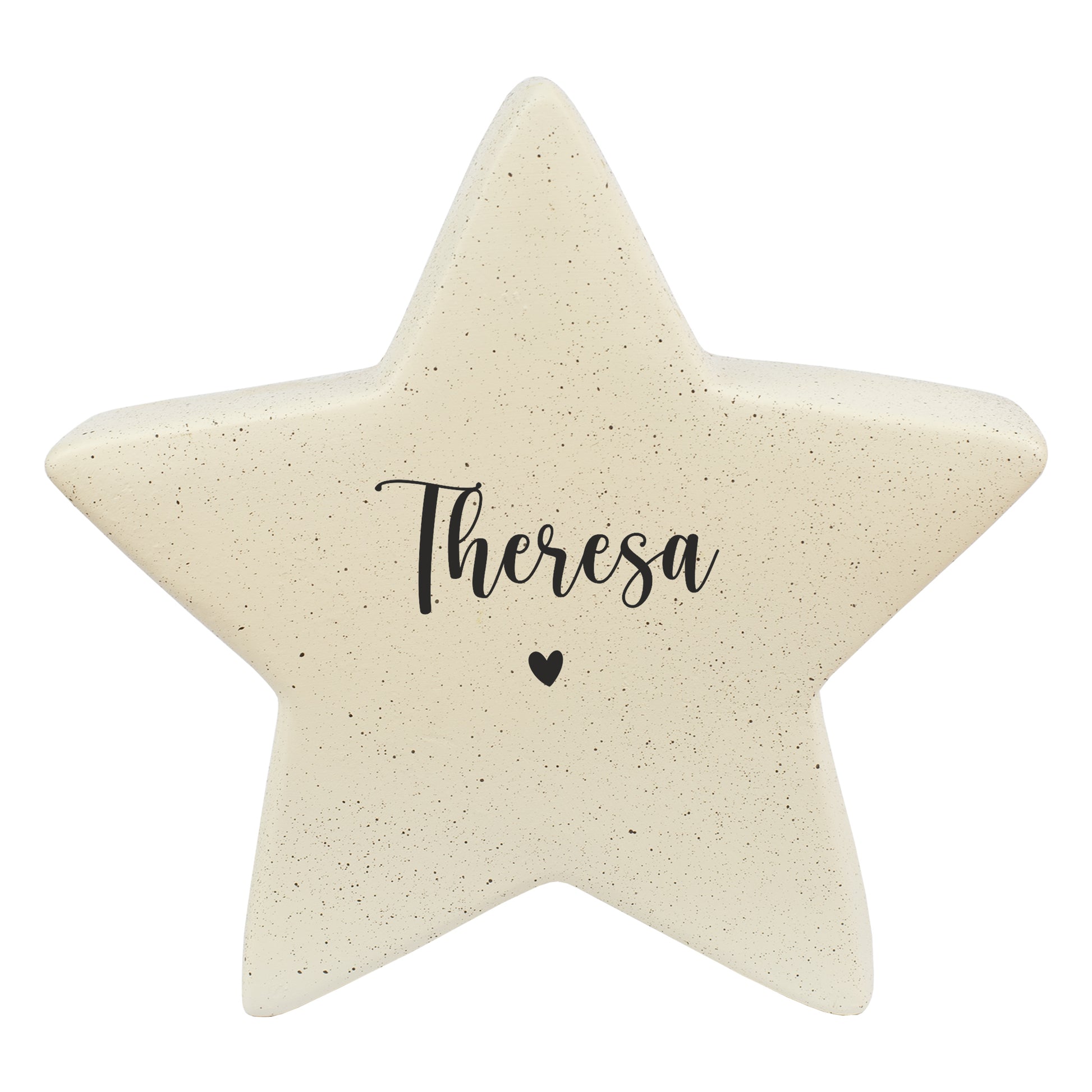 Freigestellter großer Keramikstern mit dem Namen „Theresa“ und kleinem Herz als Motiv.