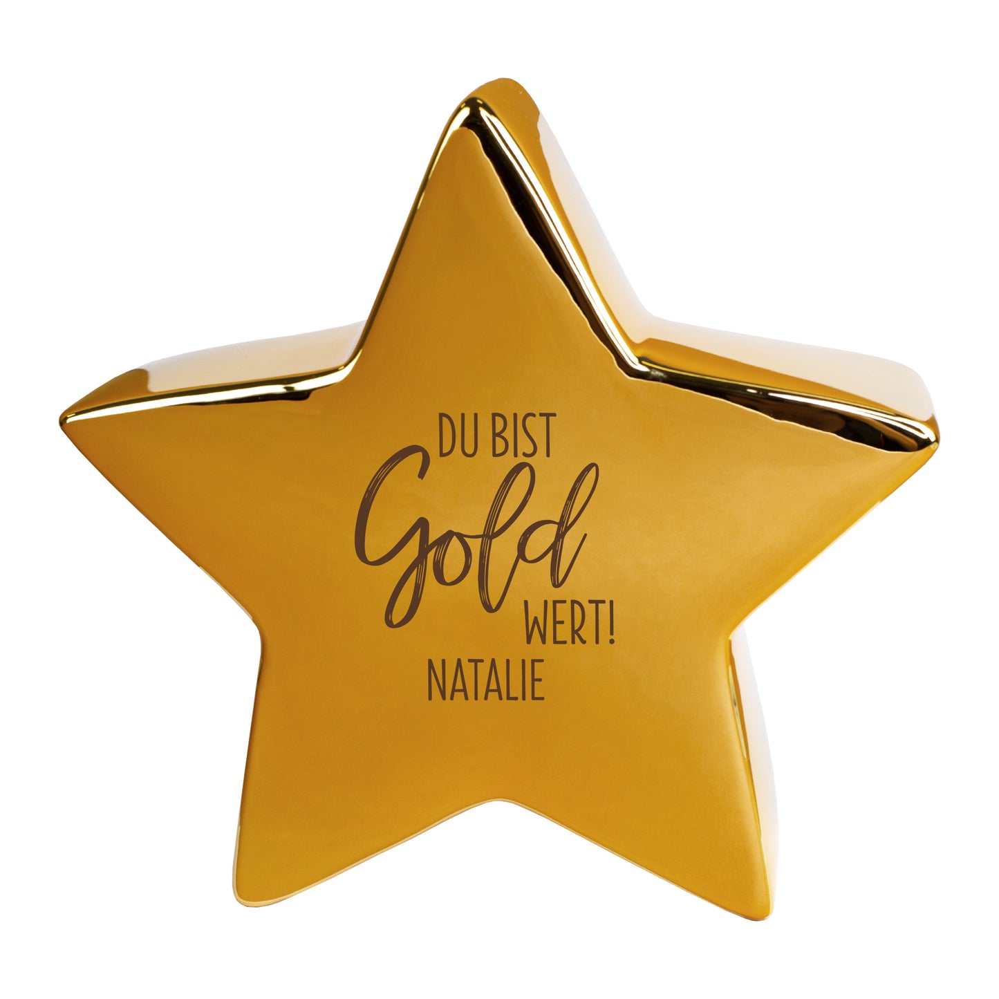 Freigestellter Keramikstern in Gold von Leonardo mit „Du bist Gold wert!“-Motiv und persönlicher Namenszeile