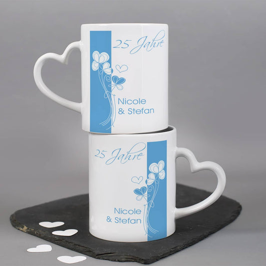 Persönliches Geschenkset zur silbernen Hochzeit aus zwei Kaffeetassen mit Aufdruck