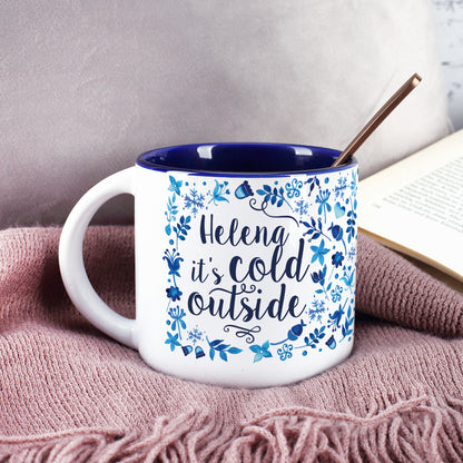 Große winterliche Tasse - it's cold outside - mit Name, Schneeflocken und Blüten