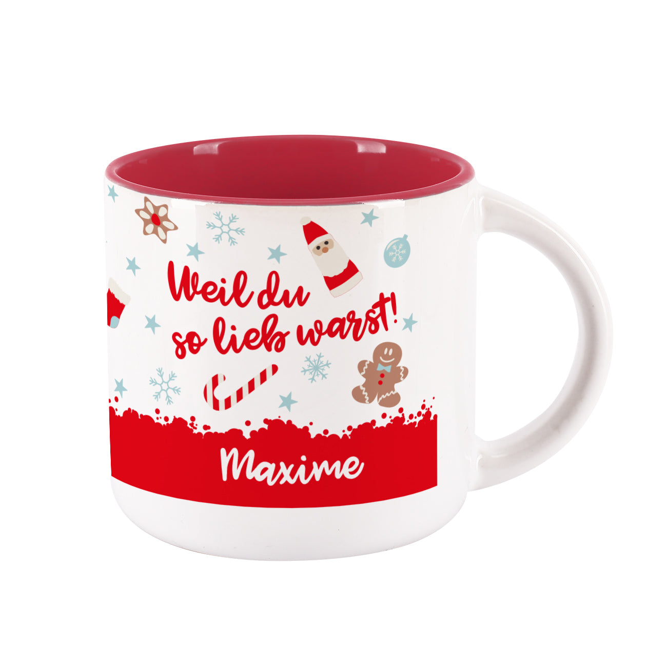 "Weil du so lieb warst" - großer Kaffeepott mit Namen und innen rot