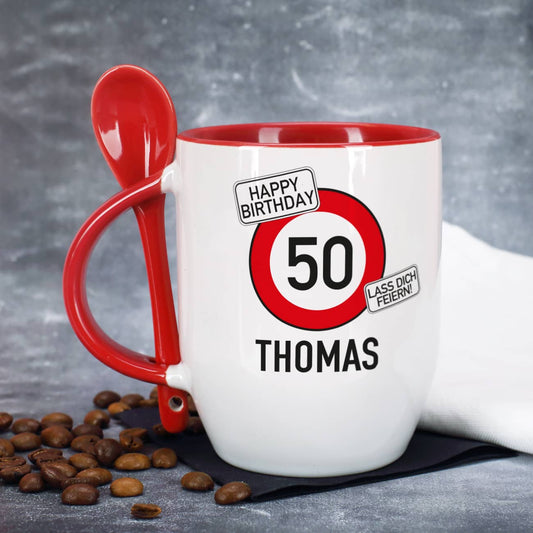 Praktische Löffeltasse zum Geburtstag mit Verkehrszeichen-Motiv