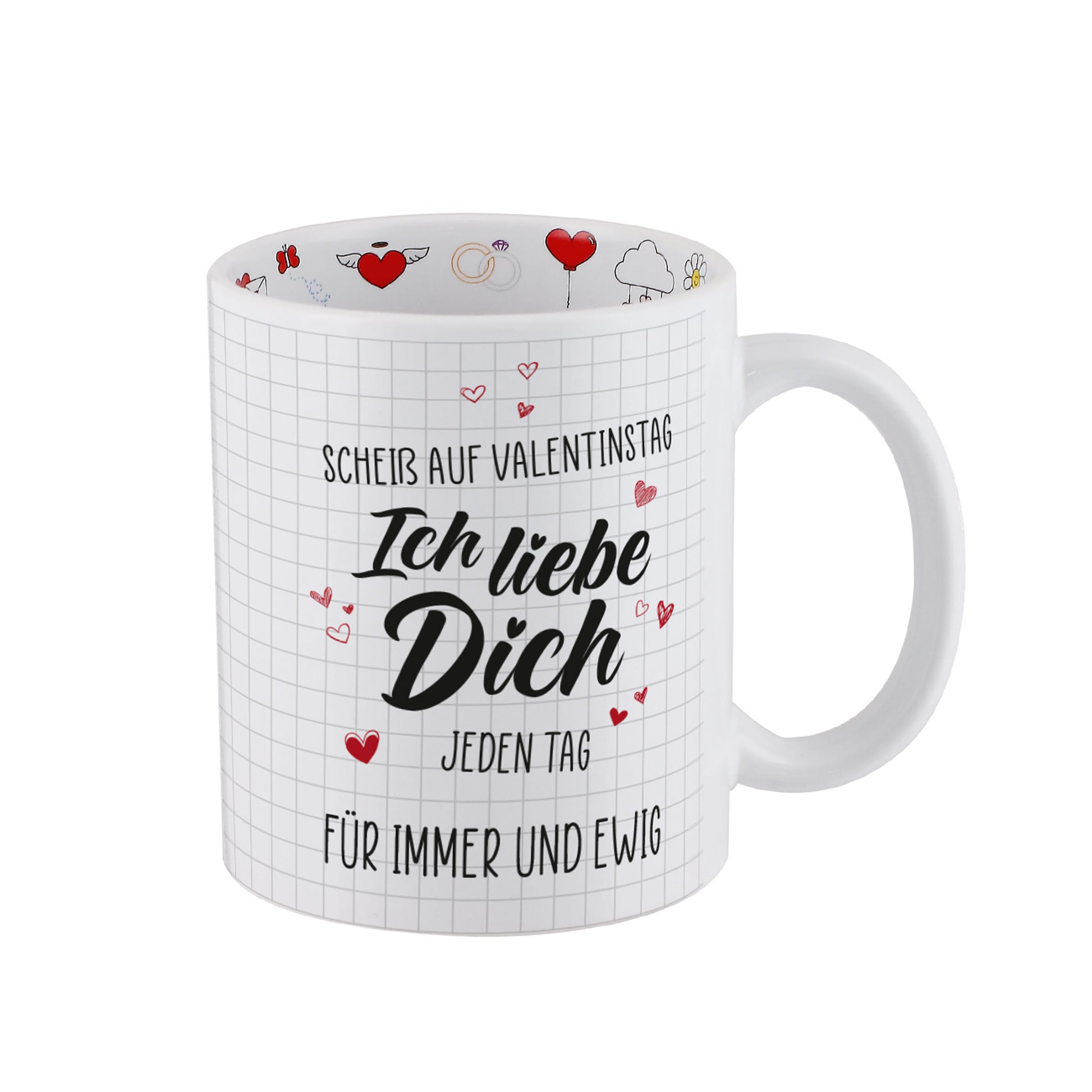 Freisteller: Keramiktasse „Ich liebe dich jeden Tag“ mit Herzdetails und romantischem Innenmuster, Geschenkidee Valentinstag