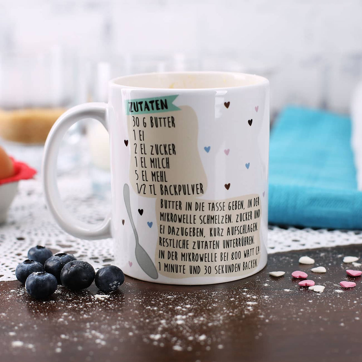 Tasse bedruckt mit Tassenkuchen Rezept und Name –