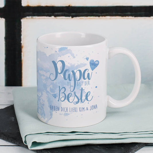 Tasse "Papa Du bist der Beste" mit Wunschtext in blau