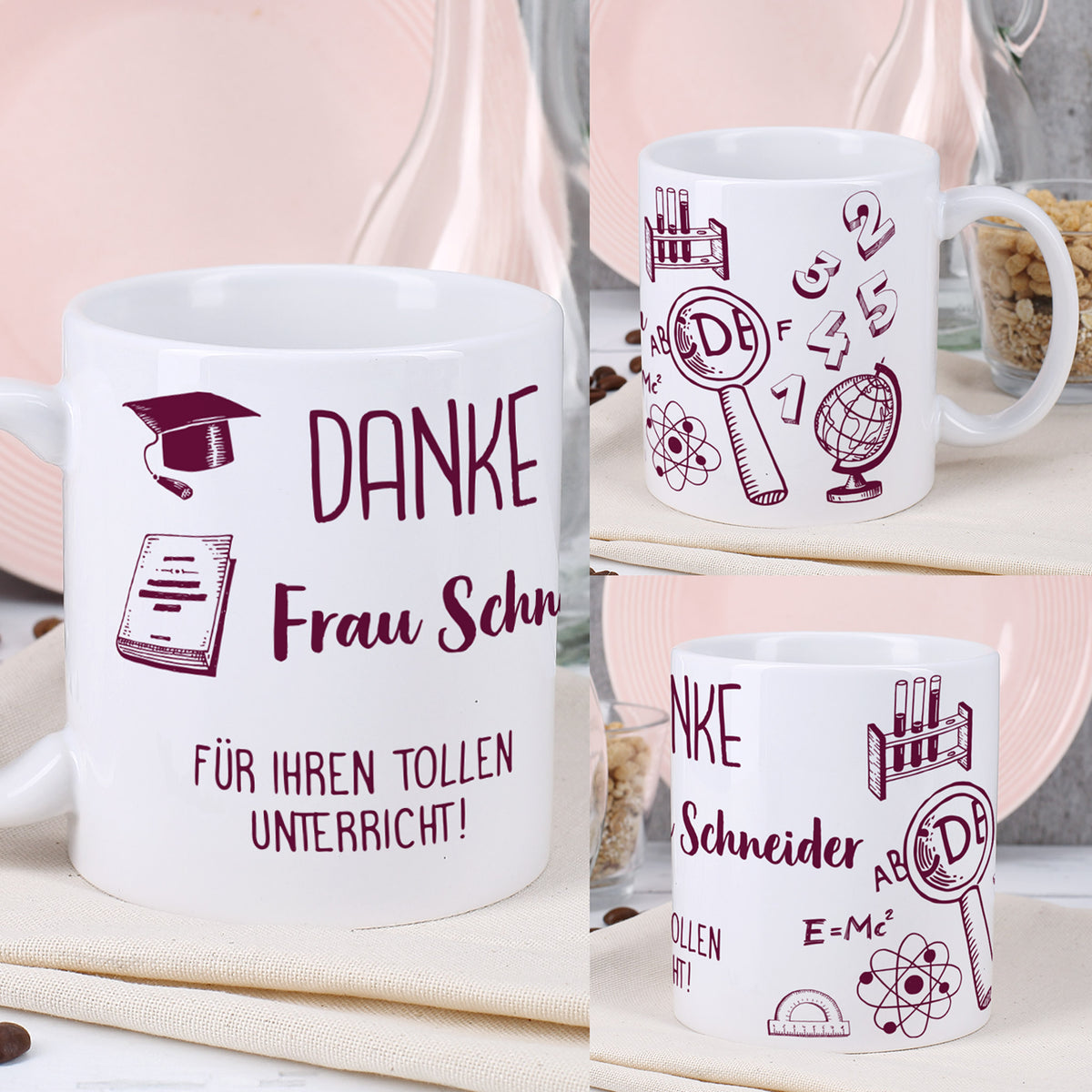 Tasse mit Schul-Motiv mit Wunschname und Wunschtext –