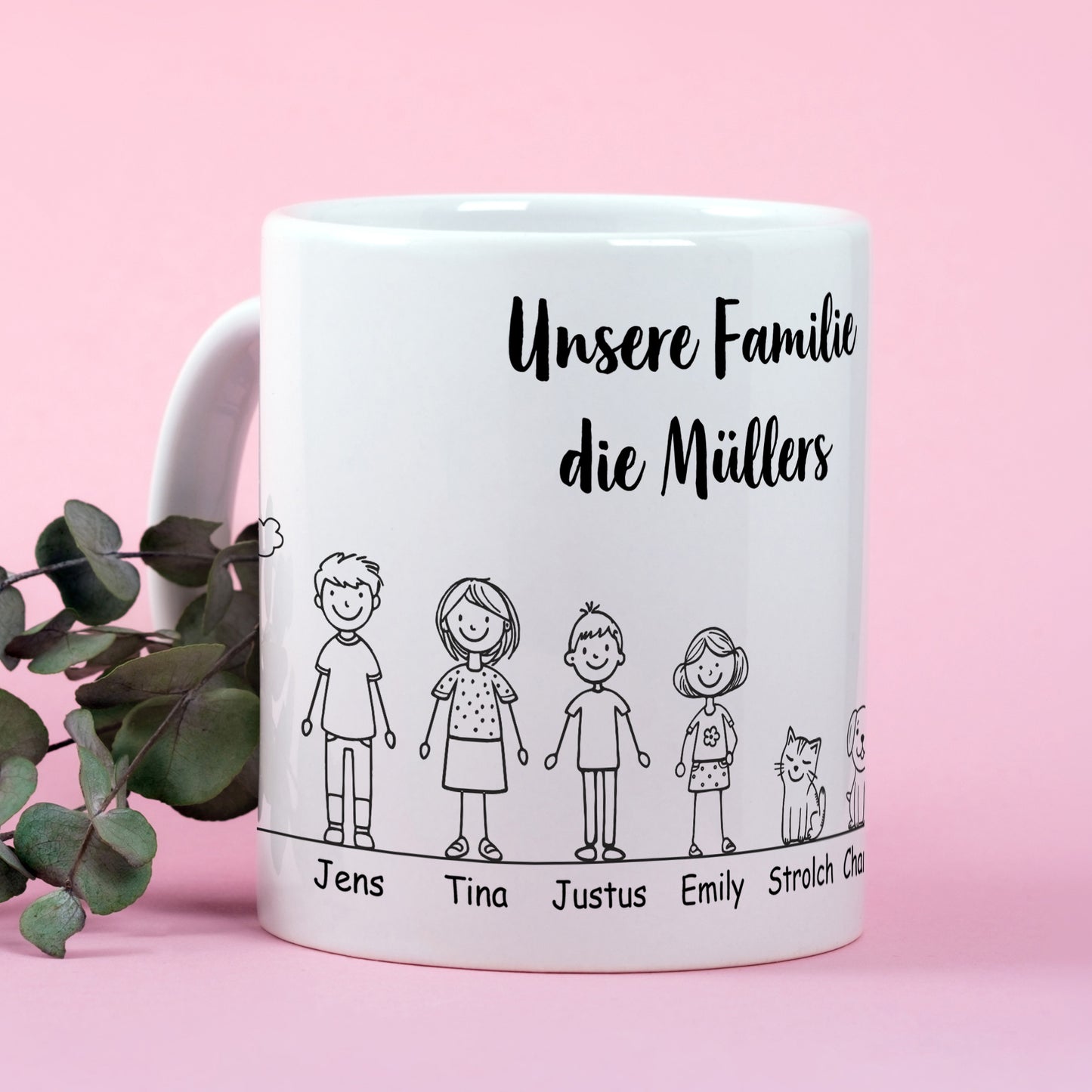 Weiße Tasse mit Wunschtext „Unsere Familie die Müllers“ und mehreren Familienfiguren inklusive Katze, Namen unten aufgedruckt