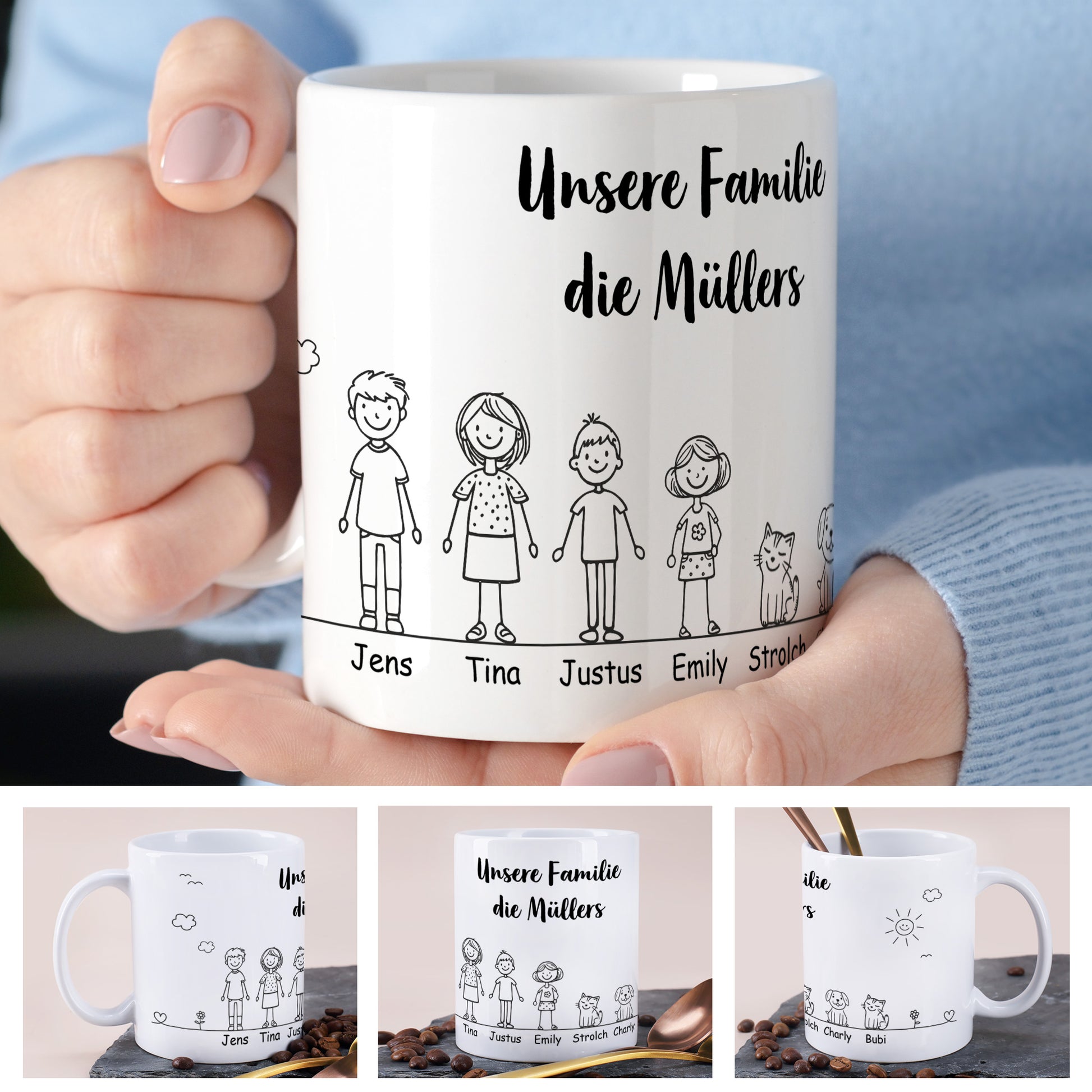 Collage zur Familientasse: große Hauptansicht in der Hand und mehrere Detailbilder mit Figuren, Wunschtext und umlaufendem Druck