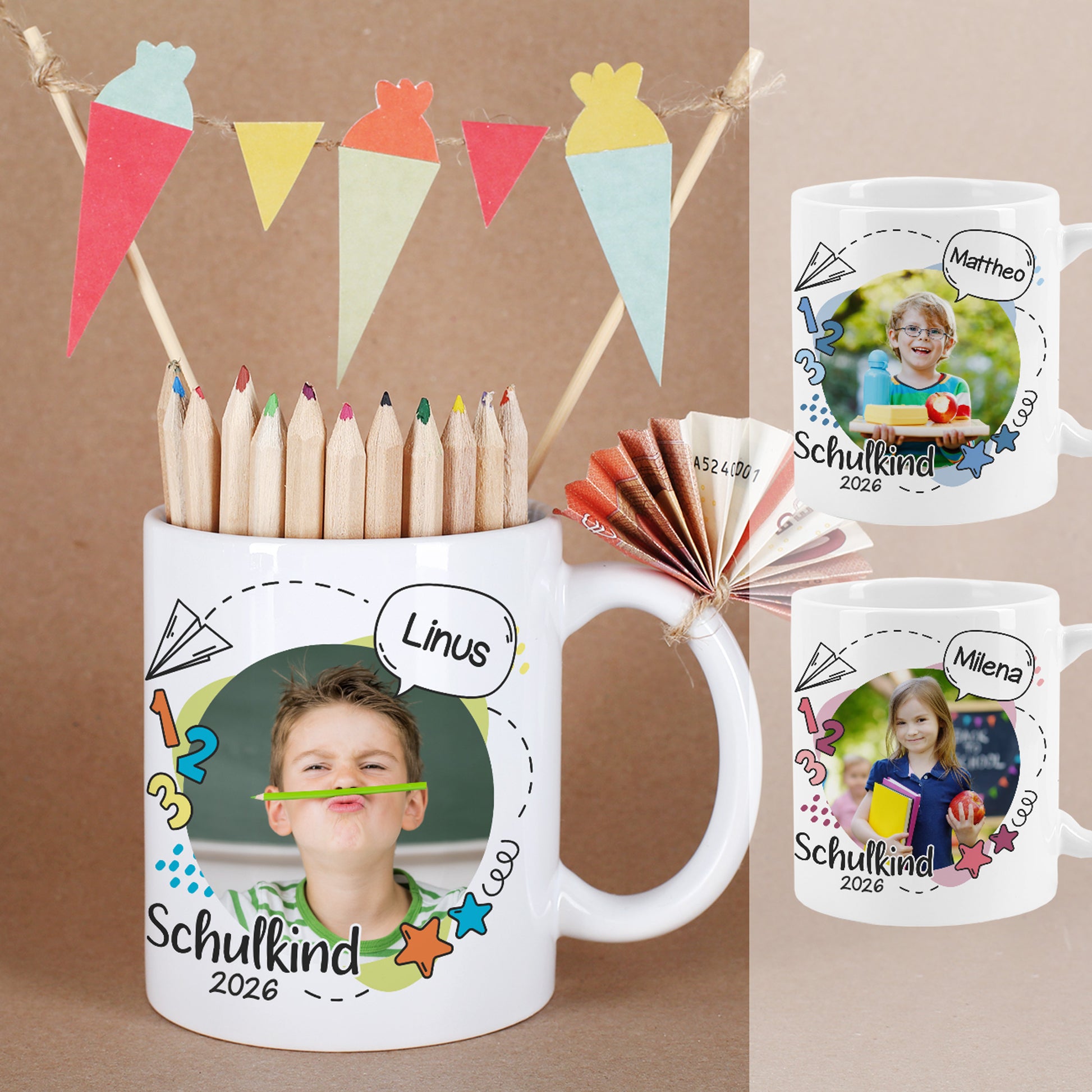 Fototasse zur Einschulung mit Foto und Name in 3 Farbvarianten