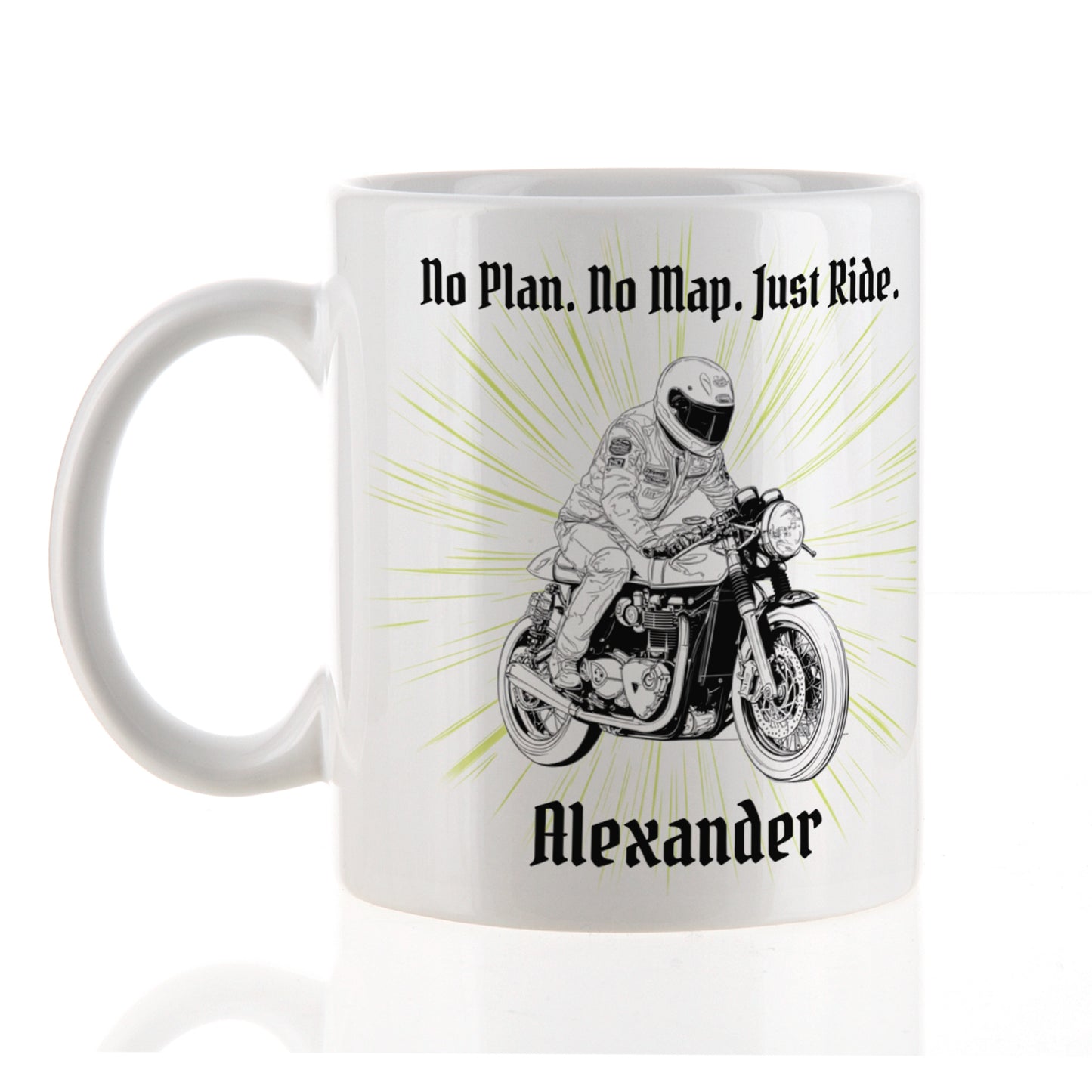 Personalisierte Retro Motorrad Tasse mit Classic Bike Motiv, Name und Wunschtext – Geschenk für Biker und Motorradliebhaber.