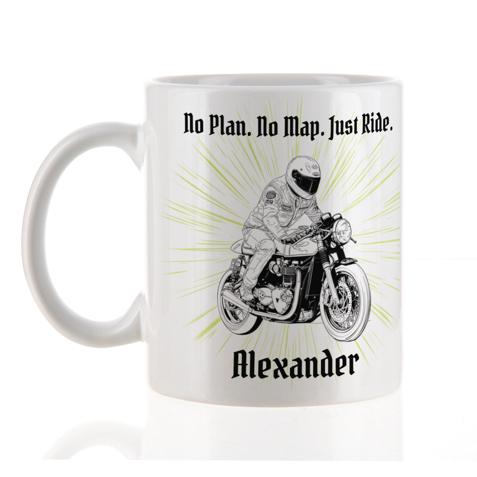 Personalisierte Retro Motorrad Tasse mit Classic Bike Motiv, Name und Wunschtext – Geschenk für Biker und Motorradliebhaber.