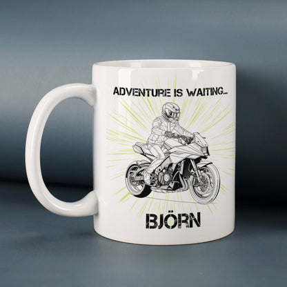 Beidseitig bedruckte Motorrad Tasse im Retro Design mit Wunschtext – personalisierbares Geschenk für Motorradfreunde.
