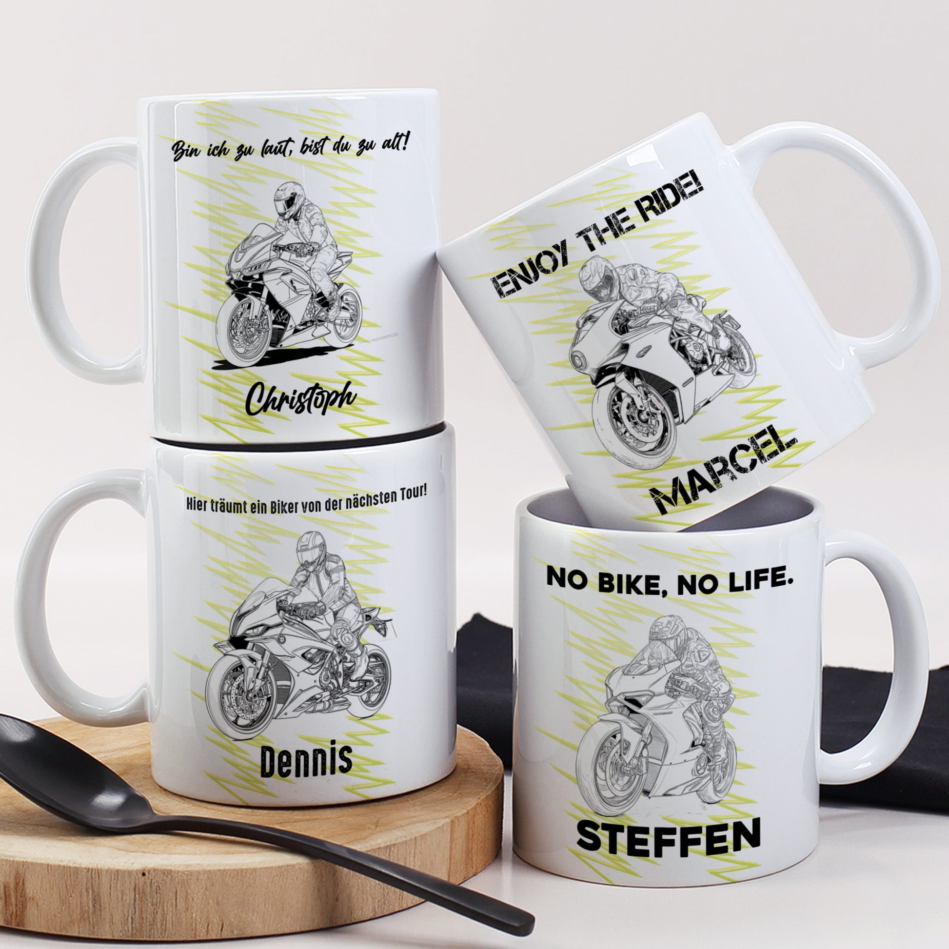 Motorrad Tasse mit Rennsport-Motiv und Namensaufdruck, weiß